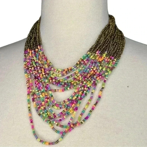 Colorful seed bead statement necklace women’s multi layered fun jewelry gold - Picture 1 of 2